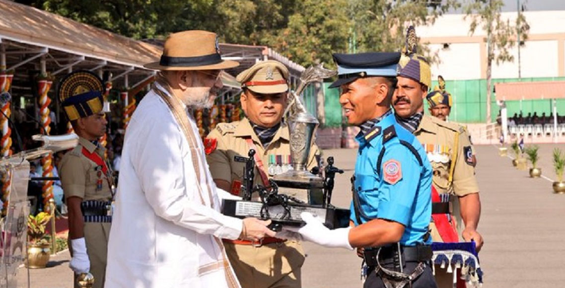 Nepal Police officer Kailash Limbu receiving BSF Trophy for his excellence in Outdoor Passing Out held at Sardar Ballavbhai Patel Training Center in Hyderabad, India. / Photo: Indian Embassy in Nepal